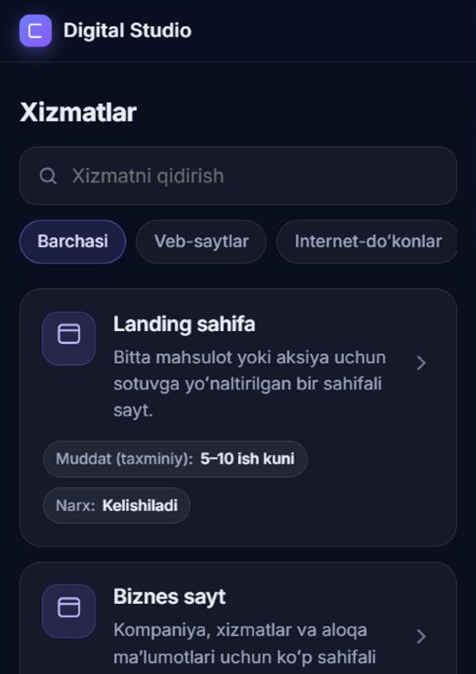 Buyurtma botining Mini App oynasi: xizmatlar ro'yxati